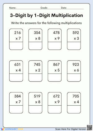 3 by 1 Multiplication Worksheet – Solve 3-Digit by 1-Digit Problems