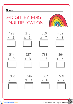 3 by 1 Multiplication Worksheet – Multiply 3-Digit Numbers