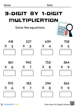 3 by 1 Multiplication Worksheet – Solve 3-Digit by 1-Digit Equations