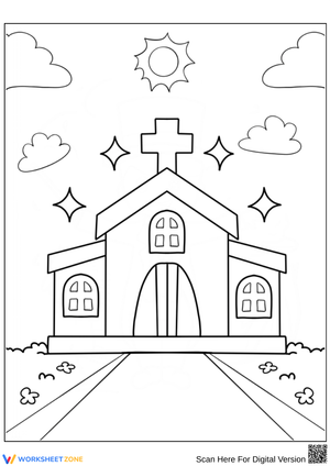 Sunny Day at the Church Coloring Page for Kids