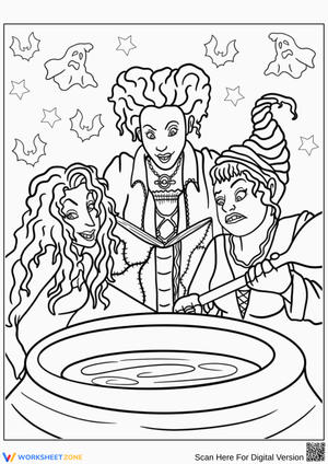 Hocus Pocus Coloring Page – Witches Around the Cauldron