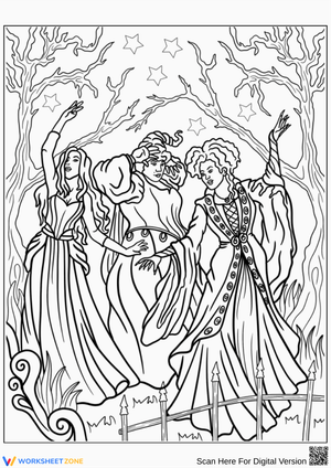 Hocus Pocus Coloring Page – Witches Dancing in the Woods