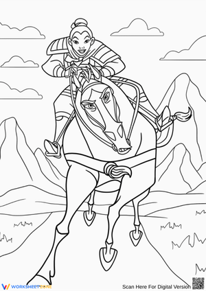 Brave Mulan Rides on Khan Through the Mountains Coloring Page