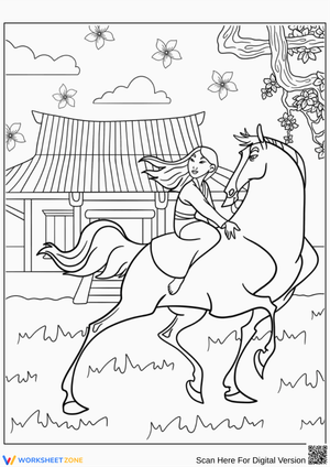 Mulan Riding Horse at the Ancestral Home Coloring Page