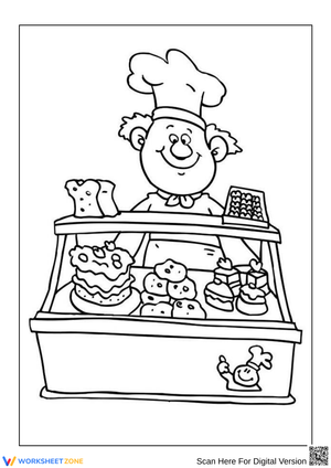 Printable Baker Coloring Page with Cakes and Pastries