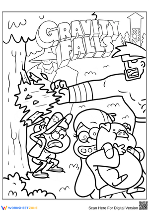 Gravity Falls Coloring Page with Dipper, Mabel, and Waddles