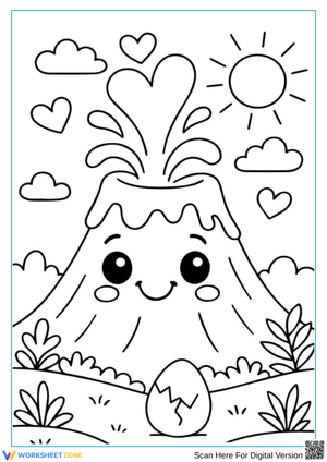 Cute Volcano Coloring Pages – Smiling Volcano with Hearts