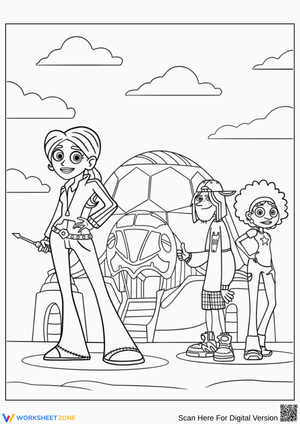 Wild Kratts Coloring Page – Aviva, Koki, and Jimmy at Tortuga HQ