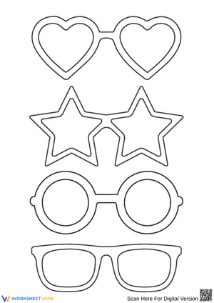 Sunglasses Coloring Page – Heart, Star, Round, and Square Frames