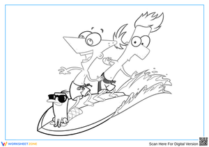 Phineas and Ferb Surfing Coloring Page