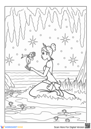 Princess Tiana Kissing Frog Coloring Page