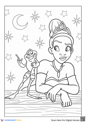 Princess Tiana and Frog Night Sky Coloring Page
