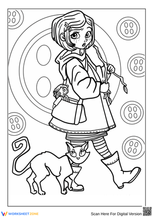 Coraline and Cat Coloring Page with Button Background
