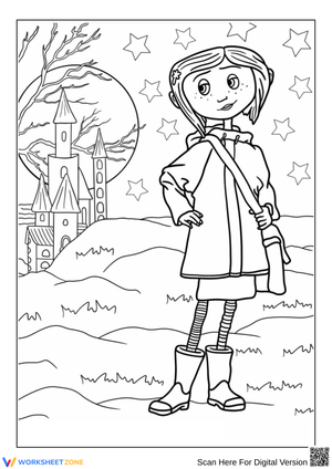 Coraline with Castle and Moon Coloring Page