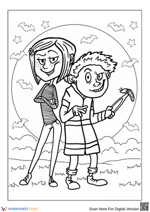 Coraline and Wybie Halloween Coloring Page