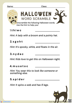 Halloween Word Scramble with Hints