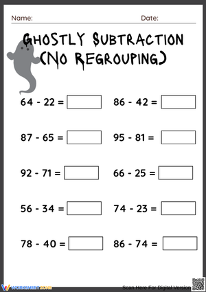 Halloween Ghostly Subtraction without Regrouping Math Practice