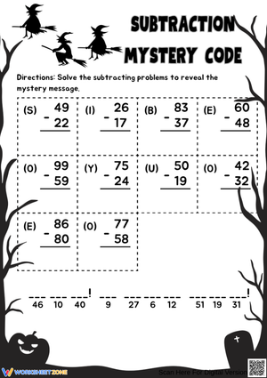 Halloween Subtraction Mystery Code Worksheet