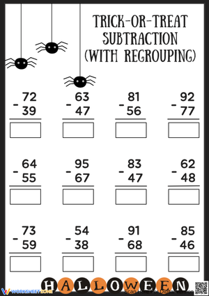 Trick-or-Treat Halloween Subtraction Worksheet With Regrouping