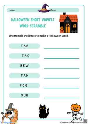 Grade 1-2 Halloween Short Vowel Word Scramble