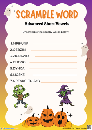 Halloween Advanced Word Scramble – Short Vowels Challenge