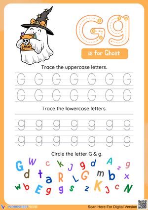 Letter G Halloween Ghost Tracing Worksheet for Early Childhood