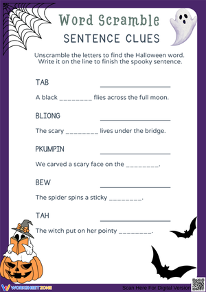 Grade 2 Halloween Short Vowel Word Scramble with Sentences