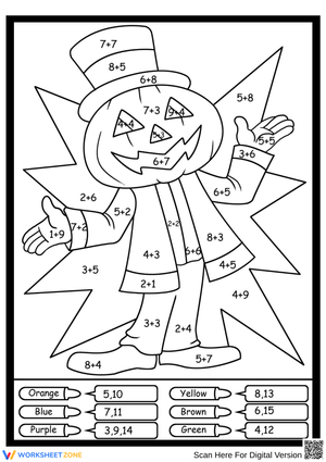 Halloween Scarecrow Addition Color by Code Worksheet