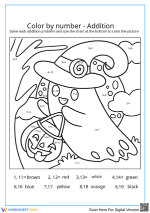 Halloween Ghost Addition Color by Number Worksheet
