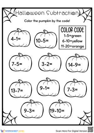 Halloween Subtraction Pumpkins Color by Code Worksheet
