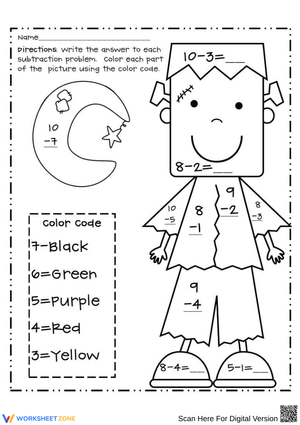Halloween Subtraction Worksheet Color by Code