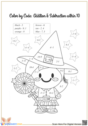 Halloween Addition & Subtraction Color by Code (Within 10)
