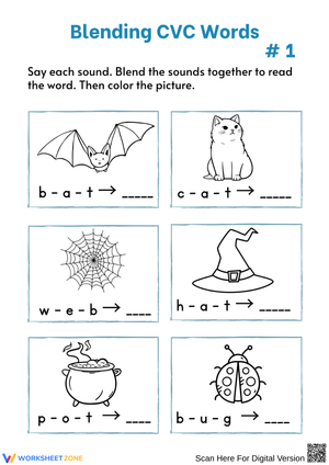Kindergarten Halloween CVC Words Blending Worksheet