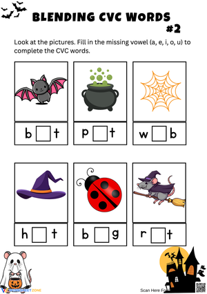 Kindergarten Halloween CVC Missing Vowel Worksheet