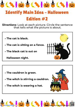 Halloween Main Idea Worksheet – Black Cat & Witch
