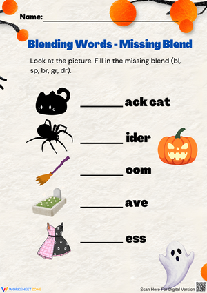 Kindergarten Halloween Missing Blend Worksheet