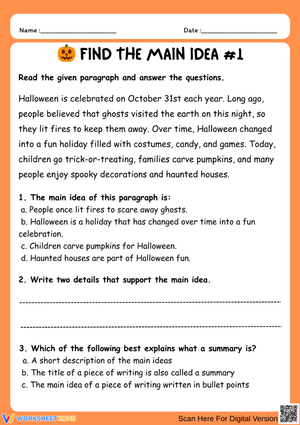 Halloween Main Idea Reading Worksheet for Kids