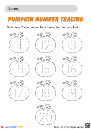 Pumpkin Number Tracing 11–20 Worksheet for Kindergarten