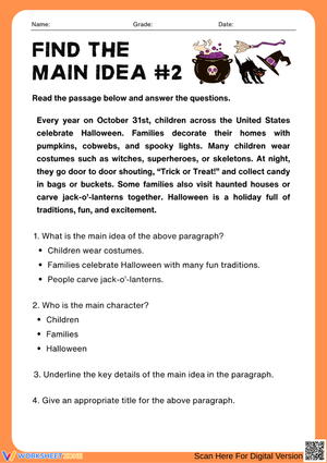 Find the Main Idea Halloween Worksheet