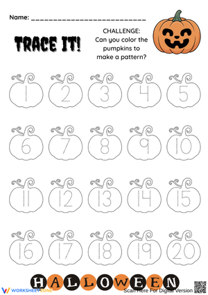 Pumpkin Number Tracing Worksheet 1–20 for Kindergarten