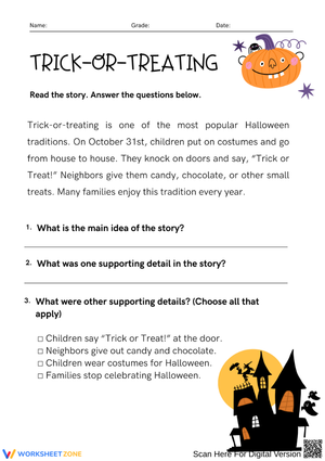 Halloween Trick-or-Treating Main Idea Worksheet for Kids