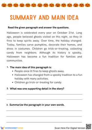 Summary and Main Idea Halloween Worksheet