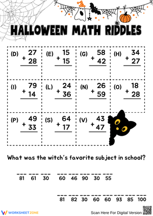 Halloween Math Riddles with 2-Digit Addition Worksheet