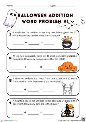 Halloween Two-Digit Addition Word Problems Worksheet