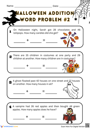 Halloween Word Problems with Two-Digit Addition Math Puzzle Worksheet