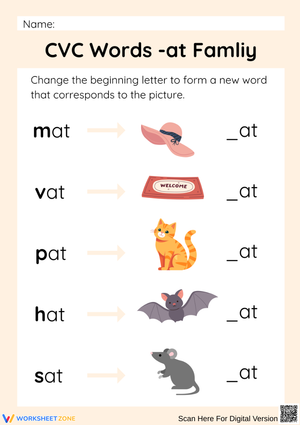 CVC Words -at Family Worksheet