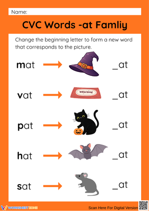 Halloween CVC Words -at Family Worksheet