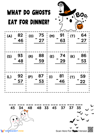 Halloween Two-Digit Subtraction Riddle Math Puzzle Worksheet