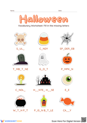 Halloween Vocabulary Fill-in-the-Letters Worksheet