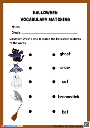 Halloween Vocabulary Matching Worksheet for Kids